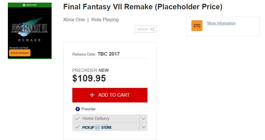 Final Fantasy 7 Remake Listed On Xbox One By EB Games