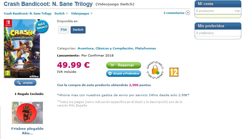 Rumor: Spanish Retailer Lists Crash Bandicoot N. Sane Trilogy For Nintendo Switch