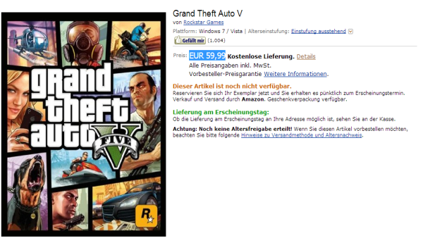 Amazon Germany Lists Grand Theft Auto V On PC